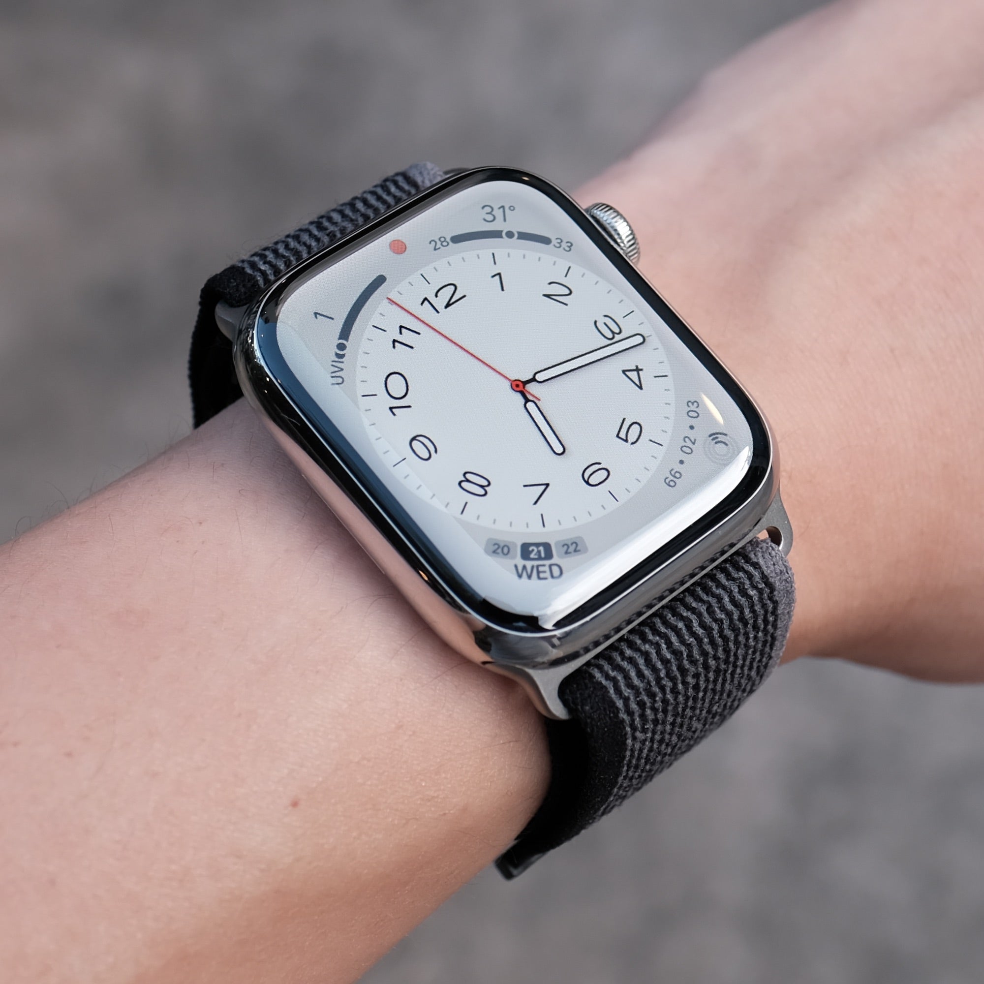 Pin & Buckle Charge Weave Apple Watch Band - Fabric Apple Watch Band with Wireless Charging - on Wrist - Silver