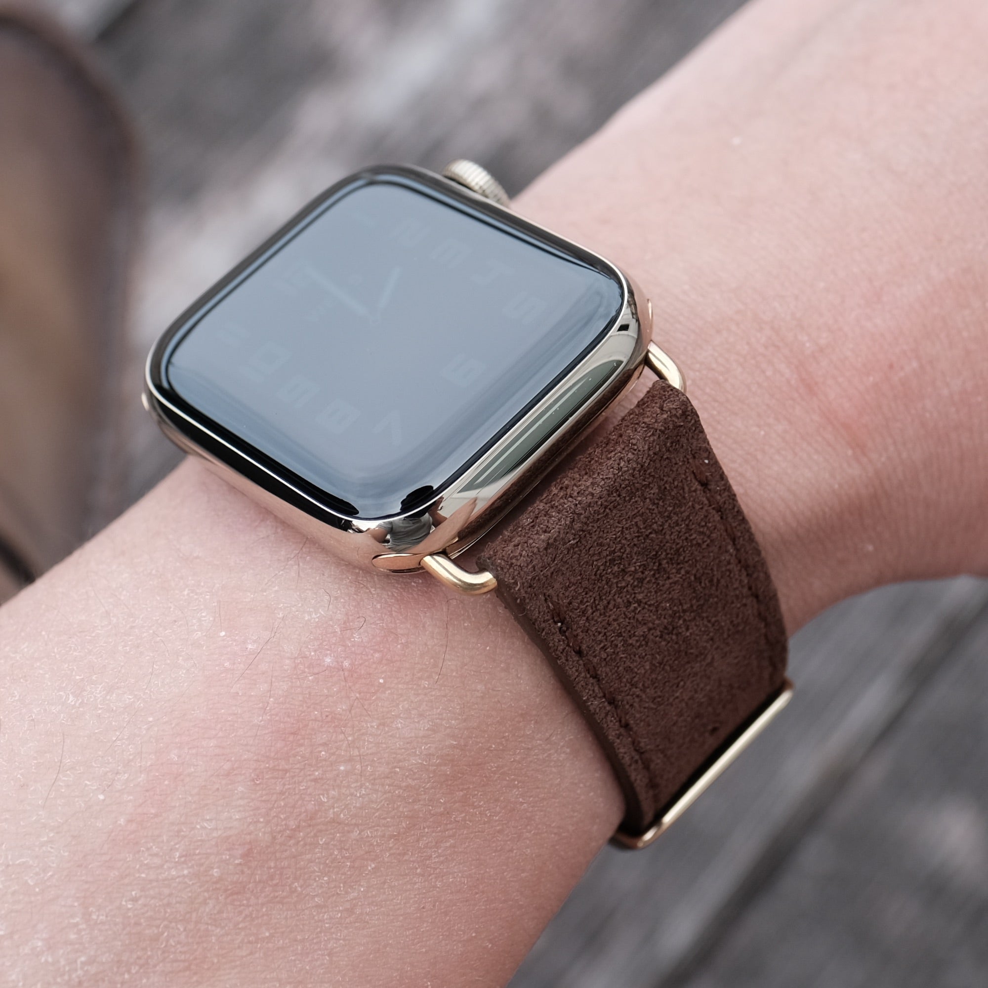 Pin and Buckle Apple Watch Bands - Velour - Suede Leather Apple Watch Band - Chocolate - Gold Series 6 7 8 - 2