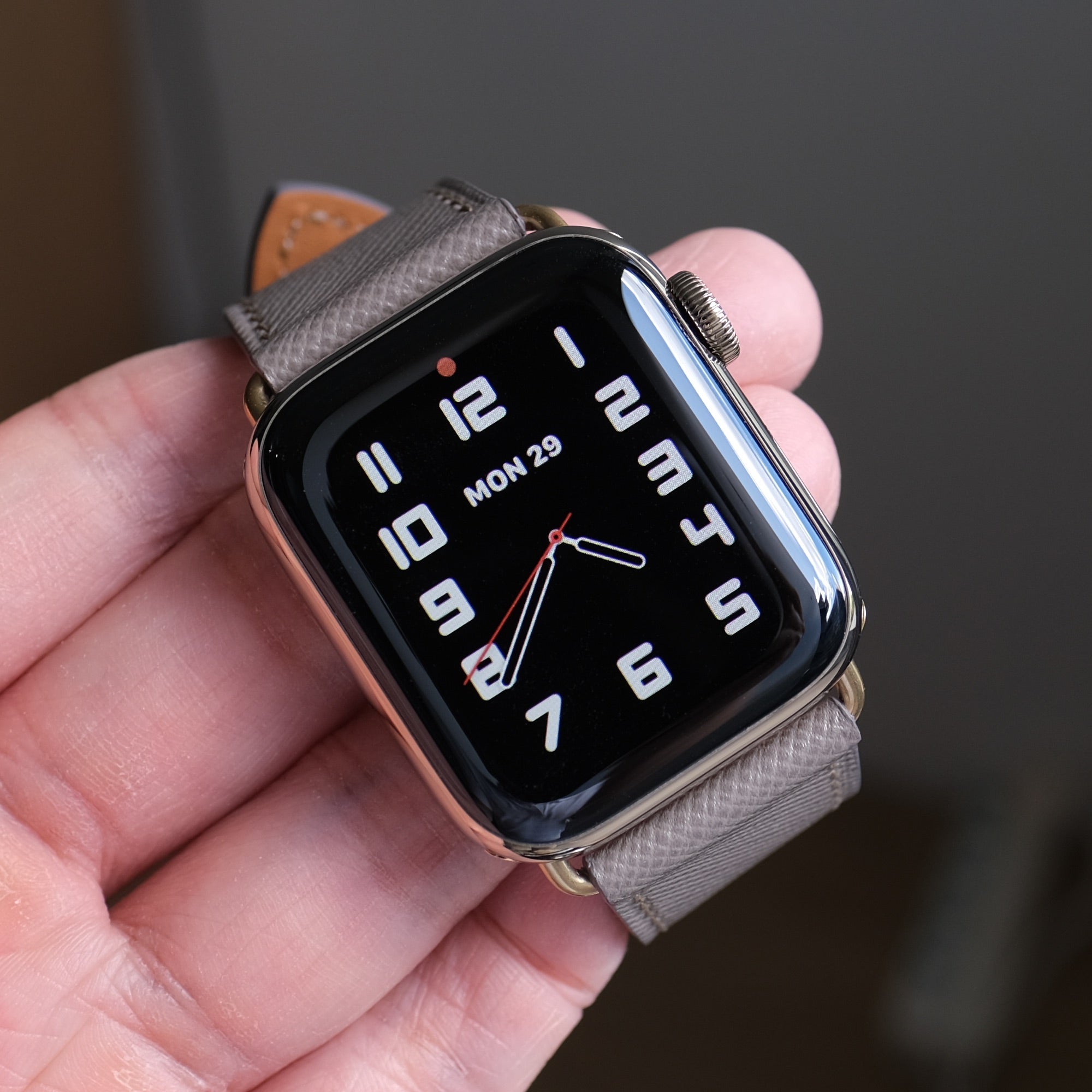 Pin and Buckle Apple Watch Bands - Saffiano Leather Apple Watch Bands - Grigio Chiaro - on Palm - Gold