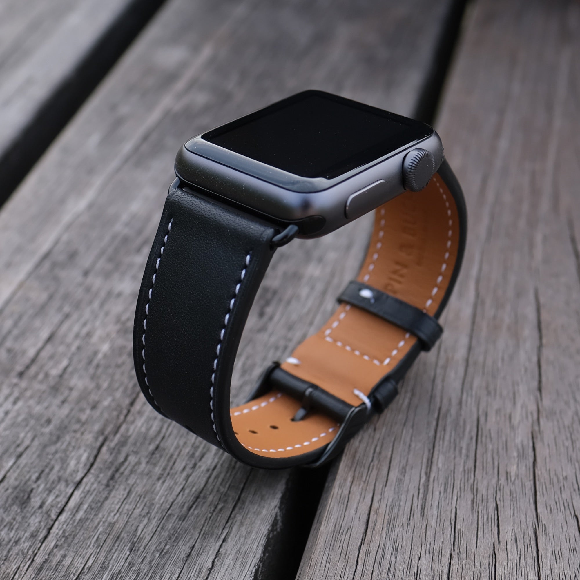 Barenia Leather Apple Watch Bands by Pin & Buckle - Black - Black Stainless Steel Hardware