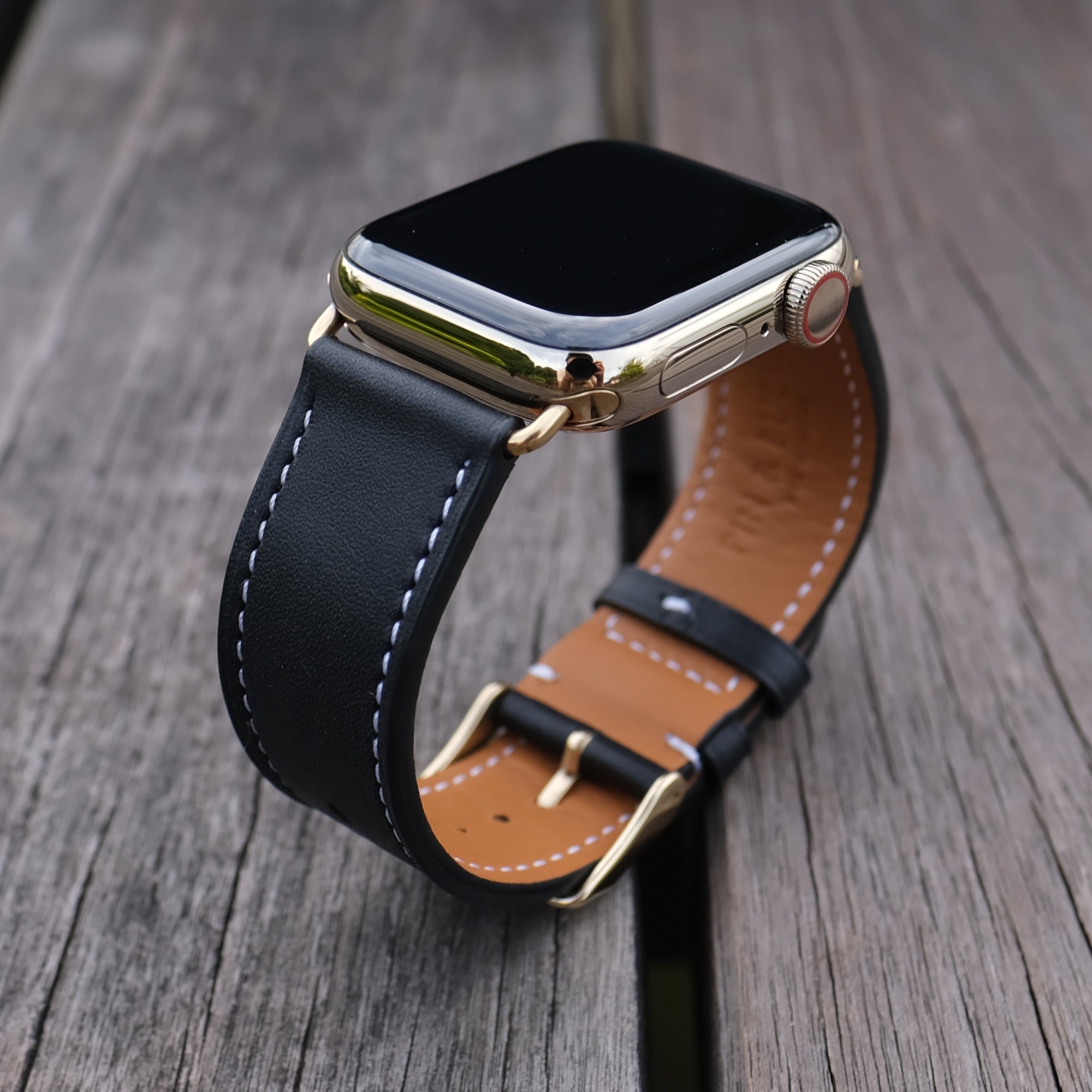 Barenia Leather Apple Watch Bands by Pin & Buckle - Black - Gold Series 6 and 7 Stainless Steel Hardware