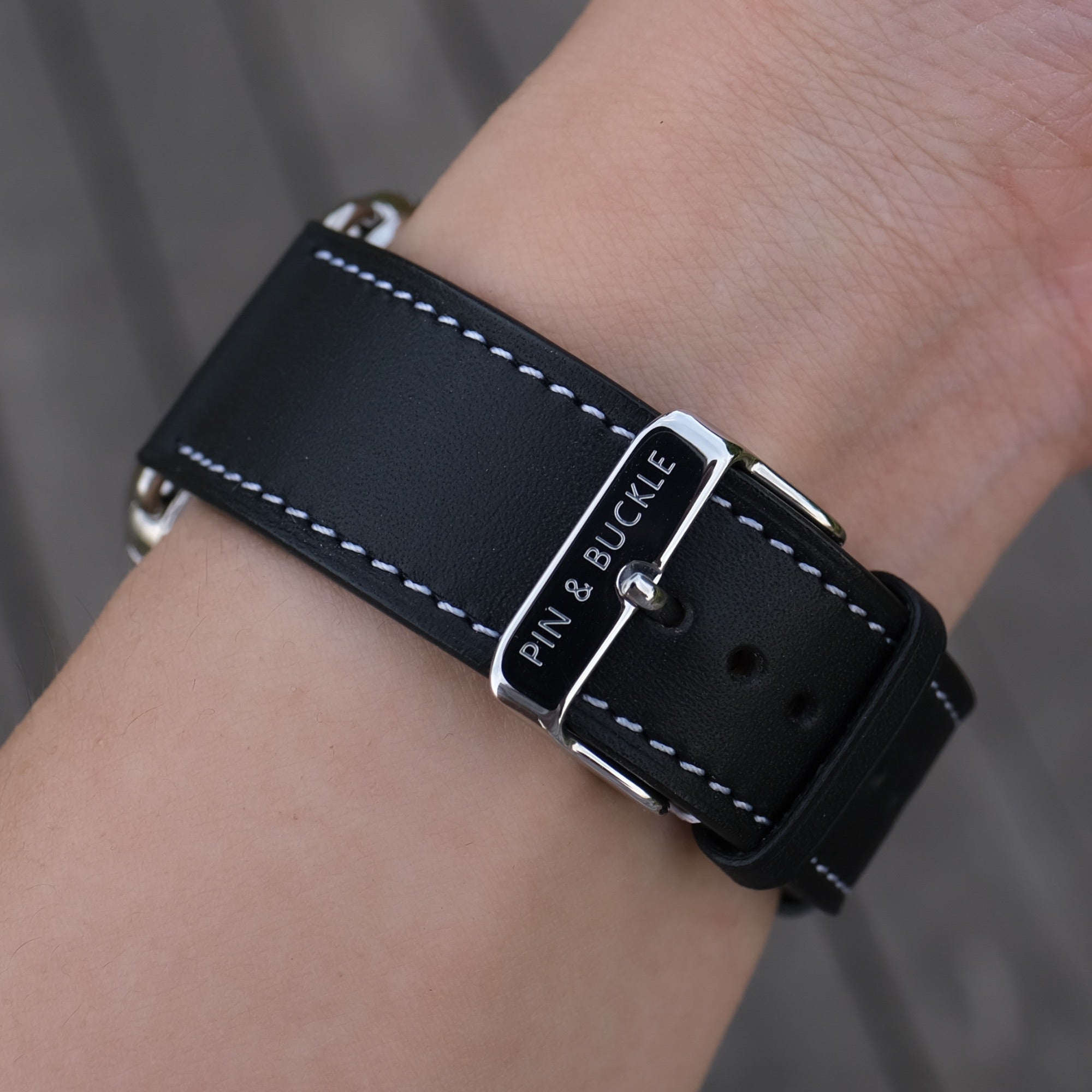 Barenia Leather Apple Watch Bands by Pin & Buckle - Black - Silver Stainless Steel Hardware - Silver Buckle