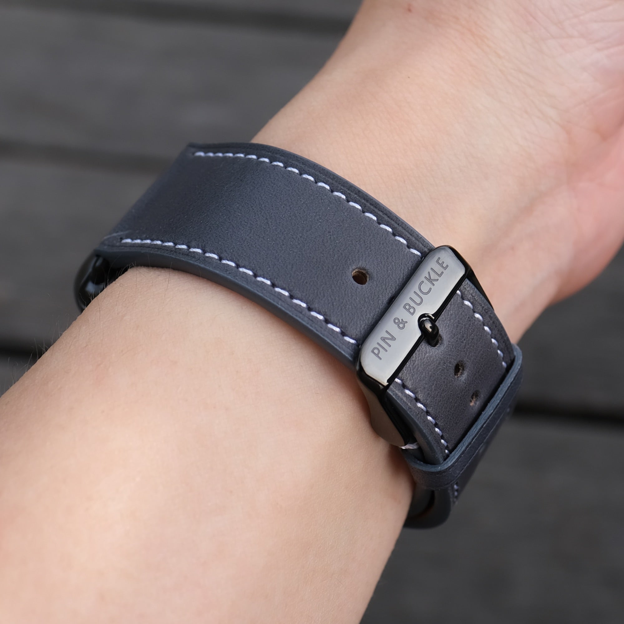 Barenia Leather Apple Watch Bands by Pin & Buckle - Dark Blue - Black Stainless Steel Hardware - Black Buckle