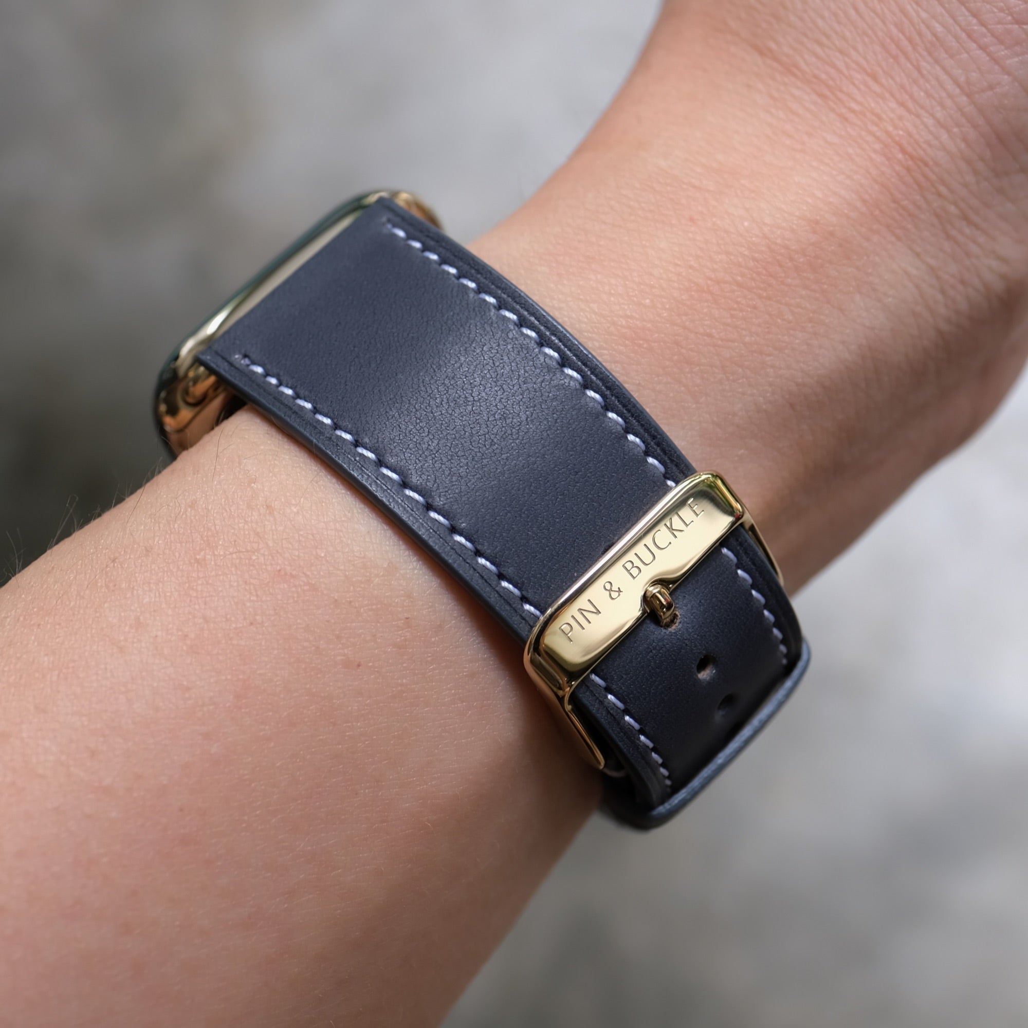 Barenia Leather Apple Watch Bands by Pin & Buckle - Dark Blue - Gold Series 6 and 7 Stainless Steel Hardware - Gold Series 6 and 7 Buckle