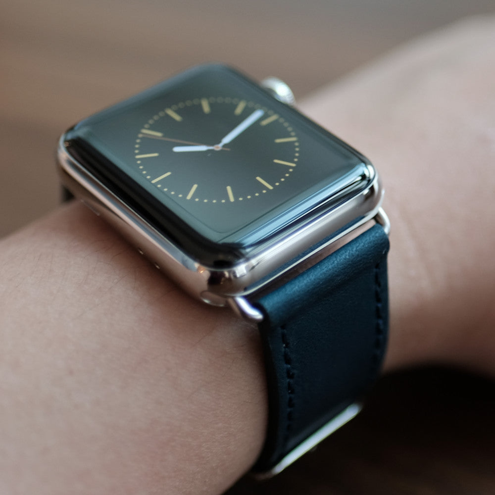 Pin and Buckle Apple Watch Bands - Full Grain Vegetable Tanned Leather - Luxe - Cobalt Blue - On Wrist