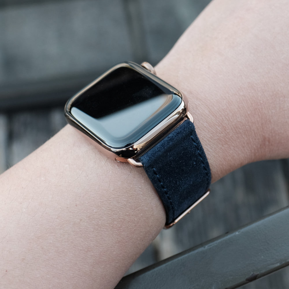 Pin and Buckle Apple Watch Bands - Velour - Suede Leather Apple Watch Band - Azure Blue on Gold with Gold Buckle 2