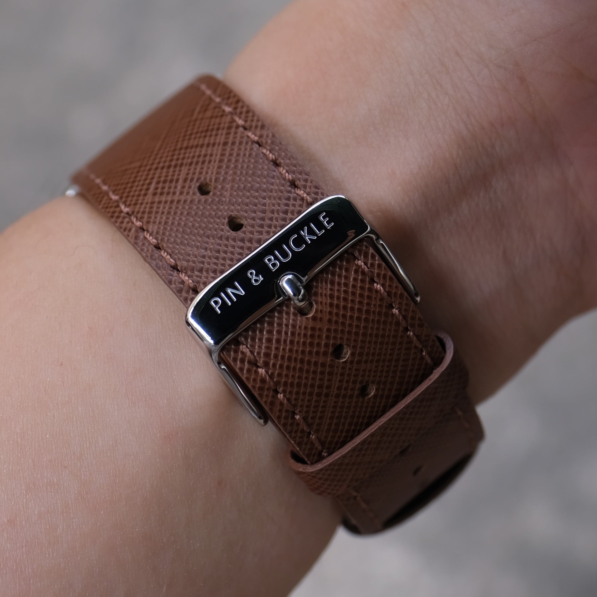 Pin and Buckle Apple Watch Bands - Saffiano - Textured Leather Apple Watch Bands - Hazel Brown on Silver Stainless Steel - Buckle
