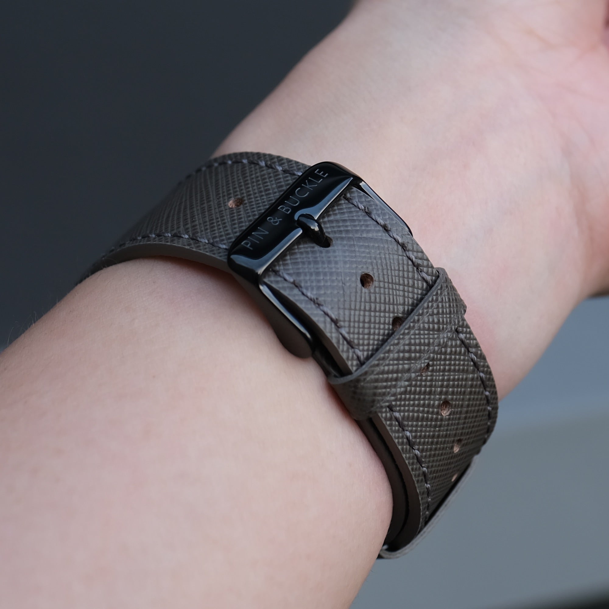 Pin and Buckle Apple Watch Bands - Saffiano - Textured Leather Apple Watch Bands - Medium Grey Black Stainless Steel - Buckle