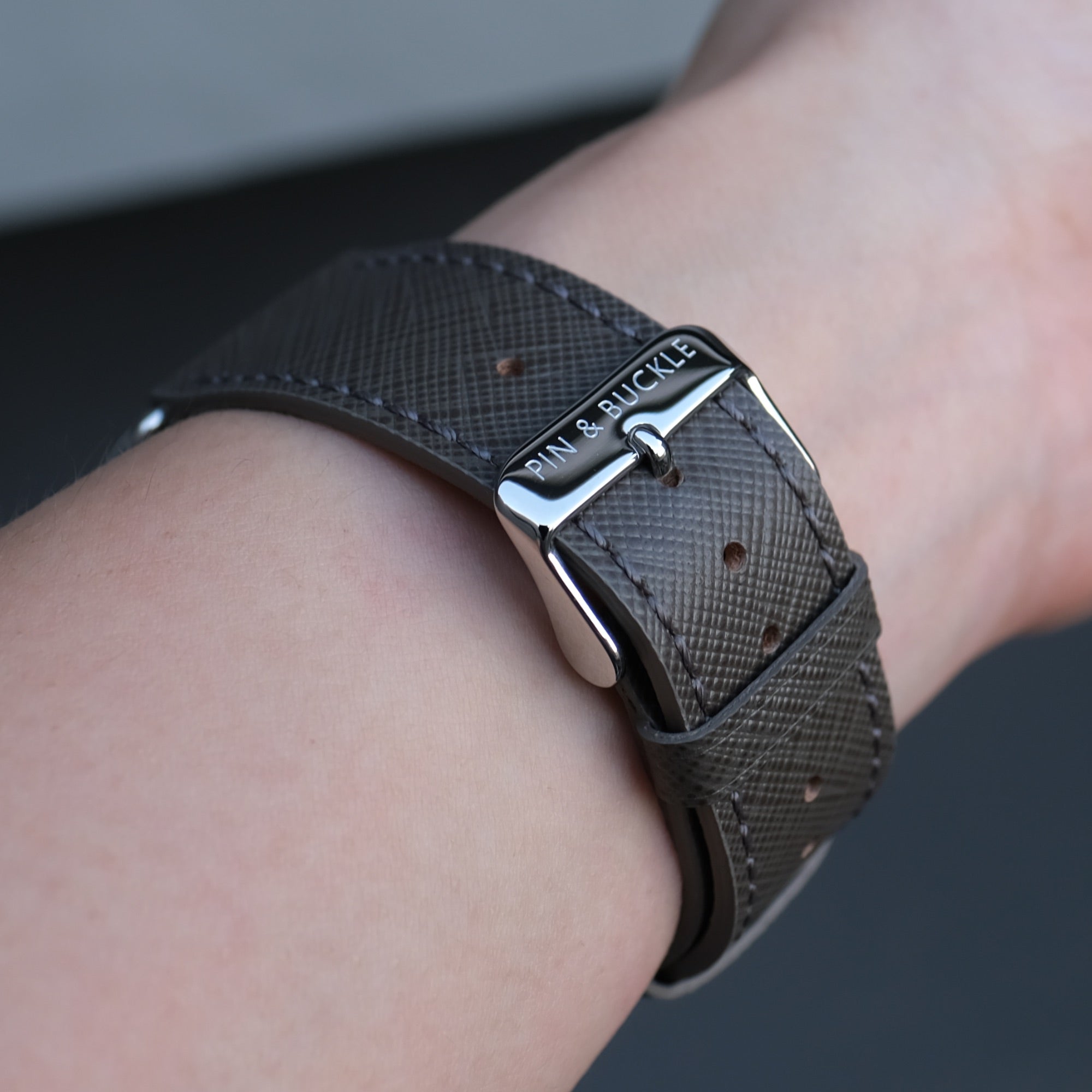 Pin and Buckle Apple Watch Bands - Saffiano - Textured Leather Apple Watch Bands - Medium Grey Silver Stainless Steel - Buckle