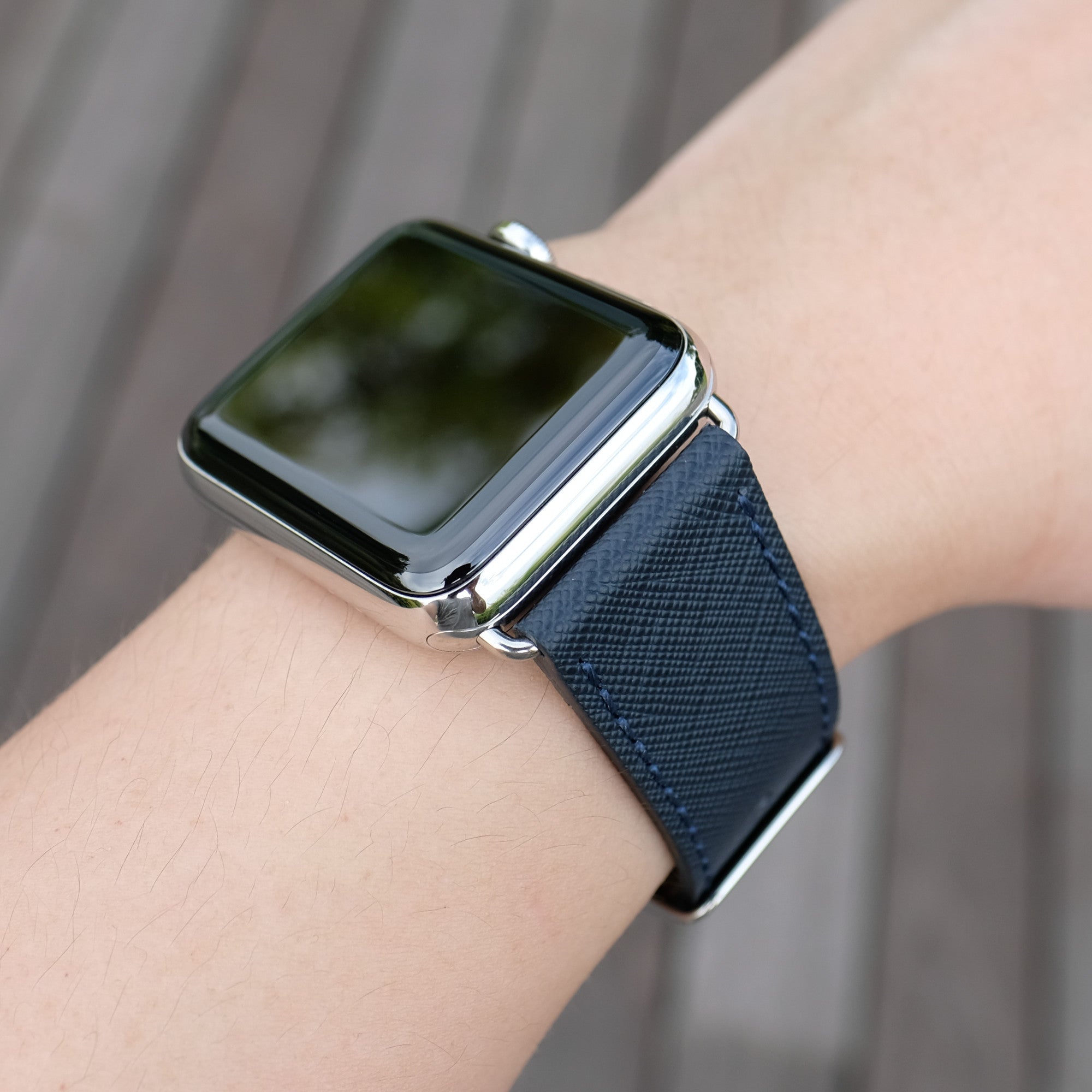 Pin and Buckle Apple Watch Bands - Saffiano - Textured Leather Apple Watch Bands - Navy Blue - Silver