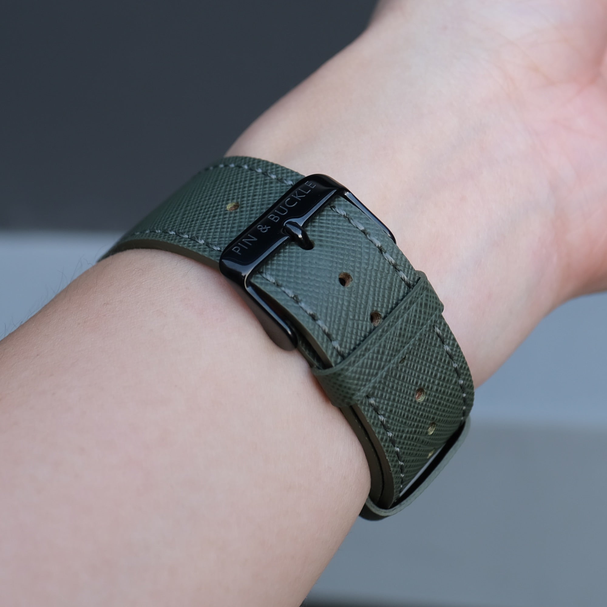 Pin and Buckle Apple Watch Bands - Saffiano - Textured Leather Apple Watch Bands - Oak Green on Black Stainless Steel - Buckle