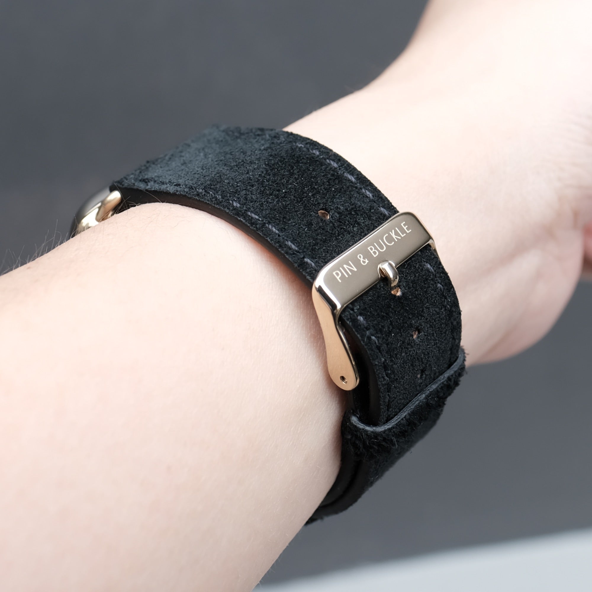 Pin and Buckle Apple Watch Bands - Velour - Suede Leather Apple Watch Band - Onyx - Gold Series 6 7 8 - Buckle