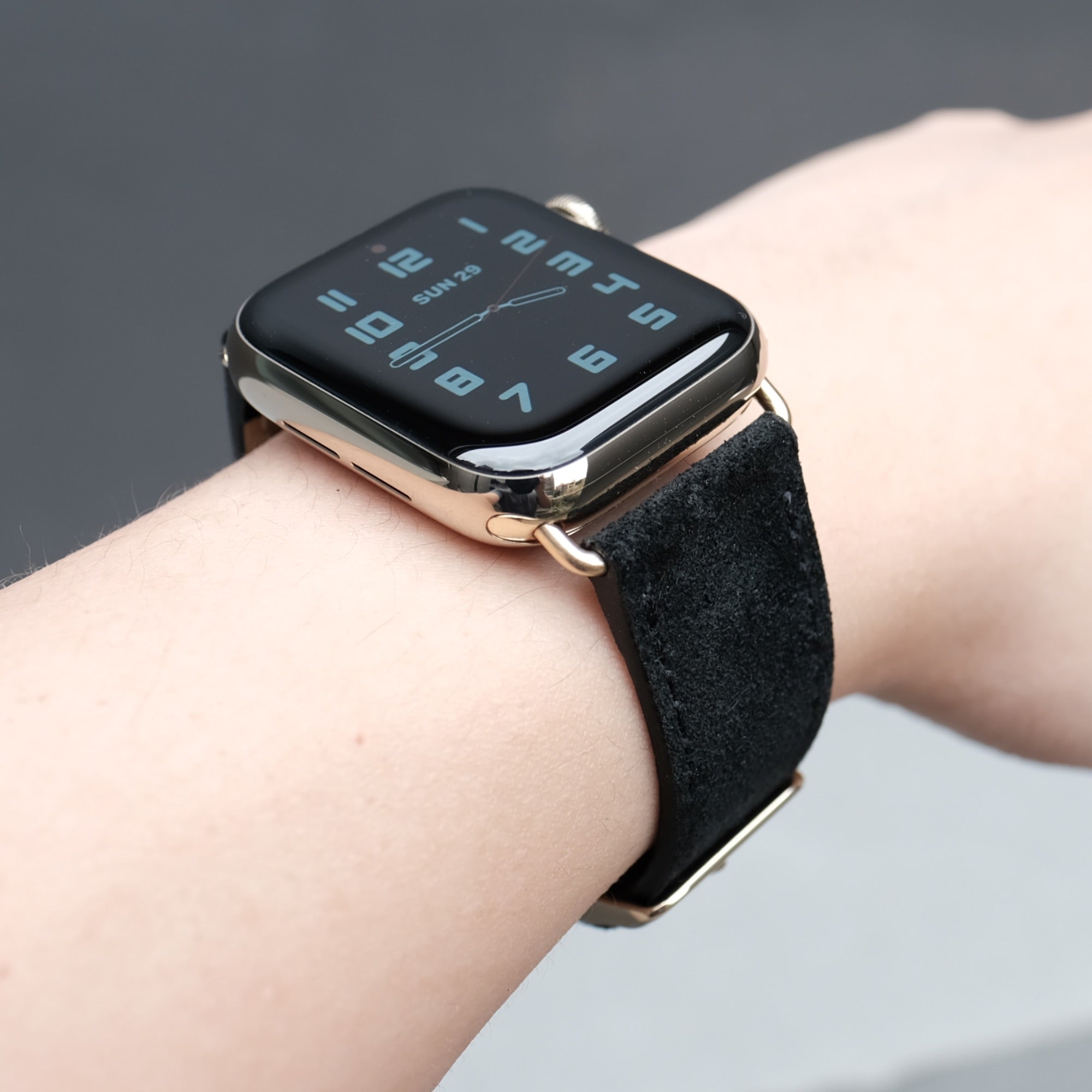 Pin and Buckle Apple Watch Bands - Velour - Suede Leather Apple Watch Band - Onyx - Gold Series 6 7 8