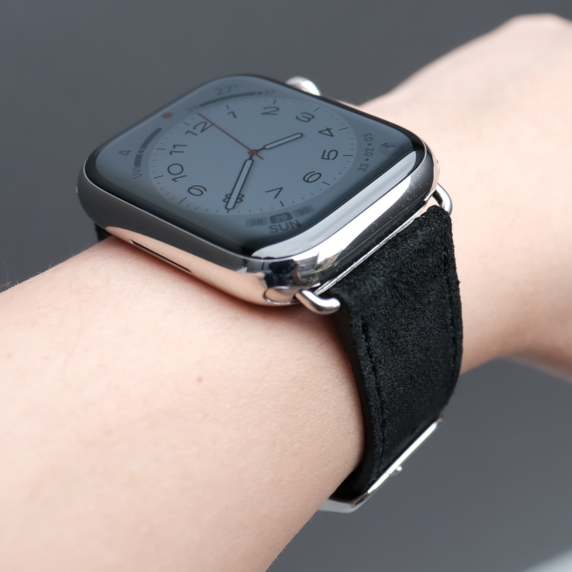 Pin and Buckle Apple Watch Bands - Velour - Suede Leather Apple Watch Band - Onyx - Silver