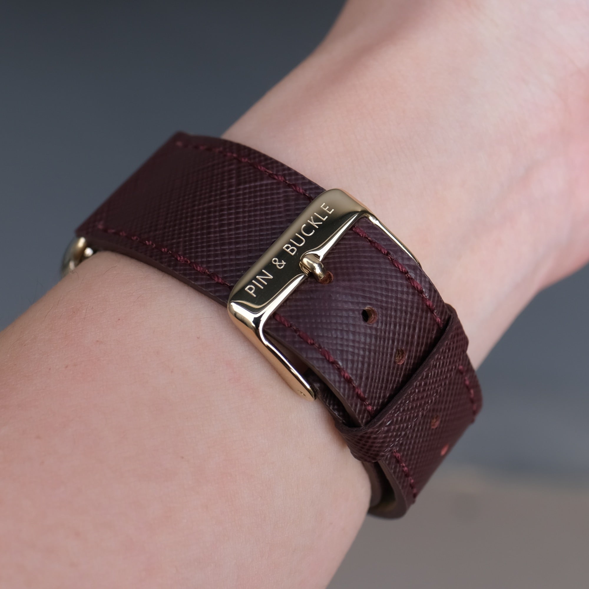 Pin and Buckle Apple Watch Bands - Saffiano - Textured Leather Apple Watch Bands - Bordeaux on Gold Series 6 7 8 Stainless Steel - Buckle