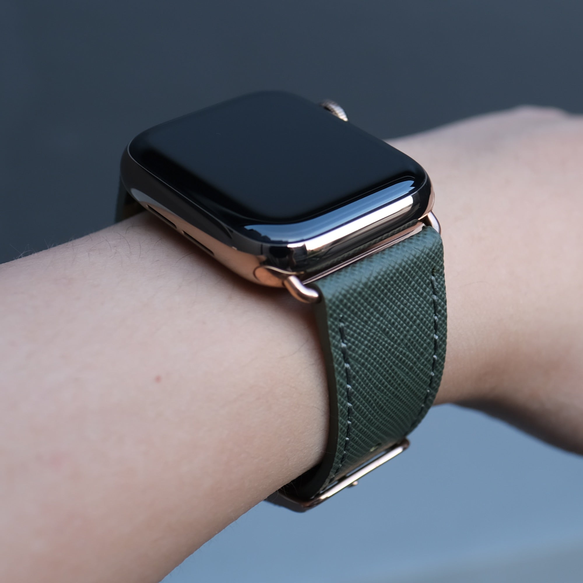 Pin and Buckle Apple Watch Bands - Saffiano - Textured Leather Apple Watch Bands - Oak Green on Gold Stainless Steel