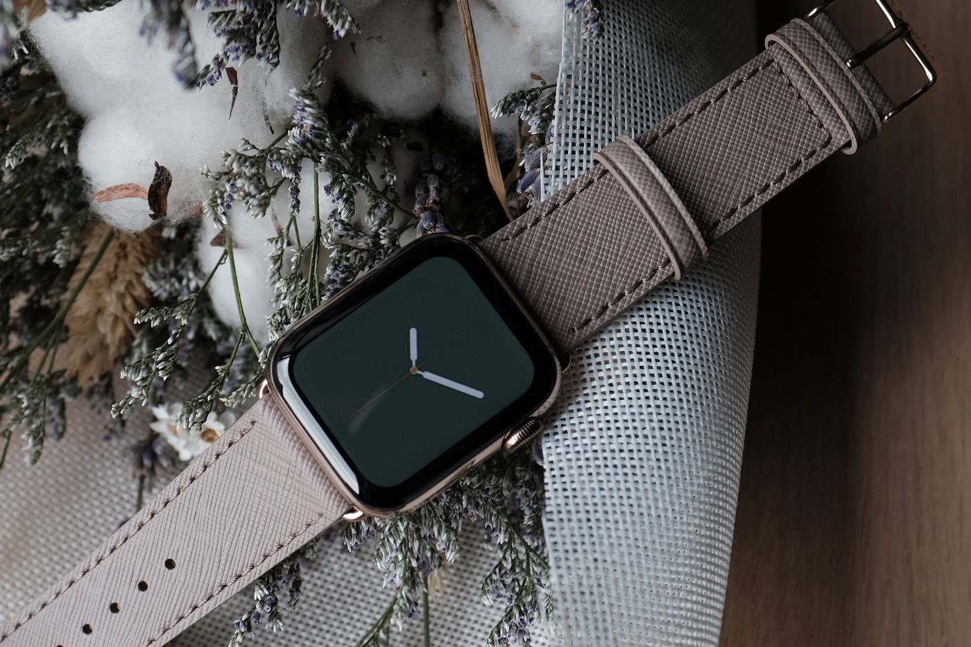 Pin Buckle Saffiano Leather Apple Watch Band Taupe