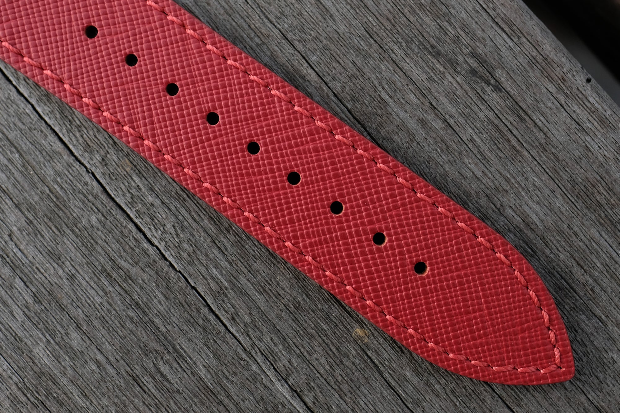 Pin and Buckle Saffiano Leather Apple Watch Bands - Crimson Red - Close up