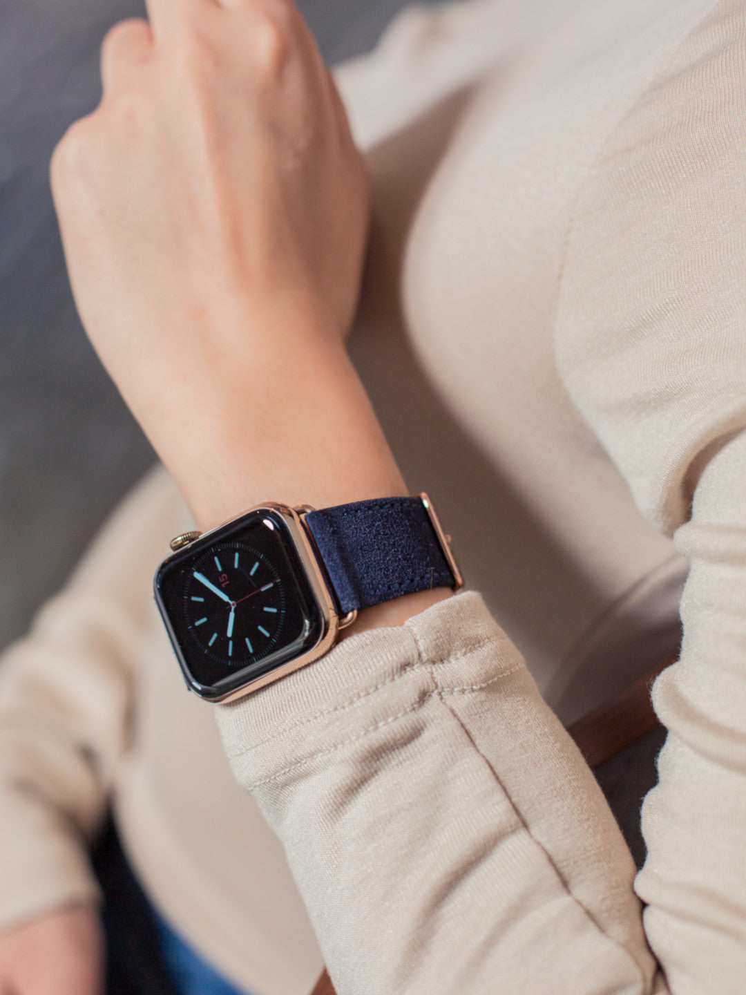 Pin and Buckle Apple Watch Bands - Velour - Suede Leather Apple Watch Band - Azure Blue on Model - Female 2