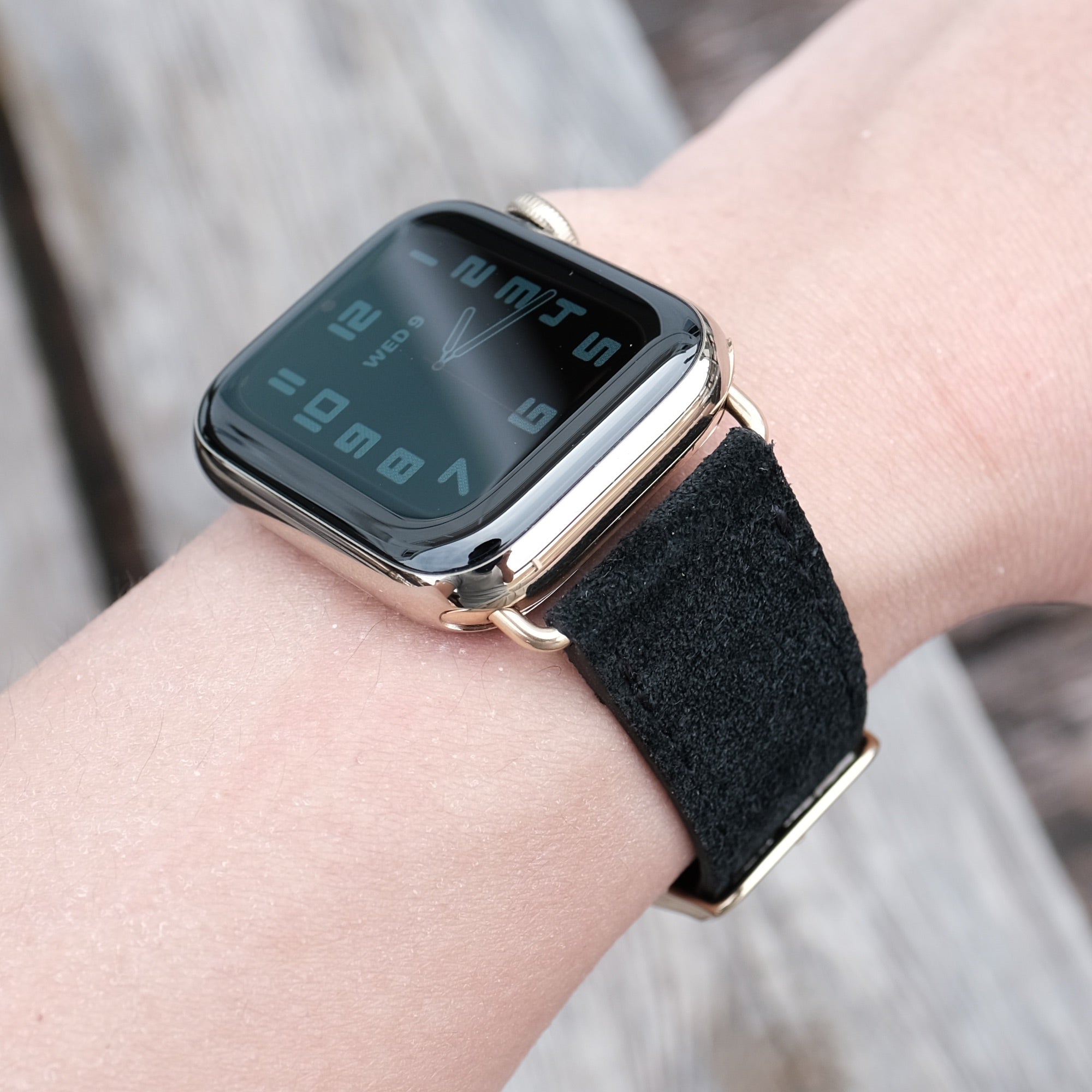 Pin and Buckle Apple Watch Bands - Velour - Suede Leather Apple Watch Band - Onyx - Gold Series 6 7 8 - 2