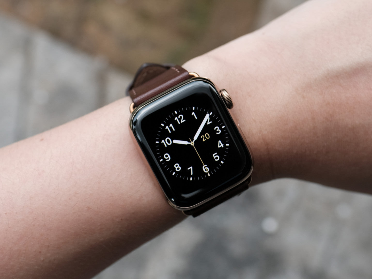 Pin and Buckle Apple Watch Straps - Full Grain Vegetable Tanned Leather - Luxe - Mocha Brown - Watch Face - Utility - Canary Yellow