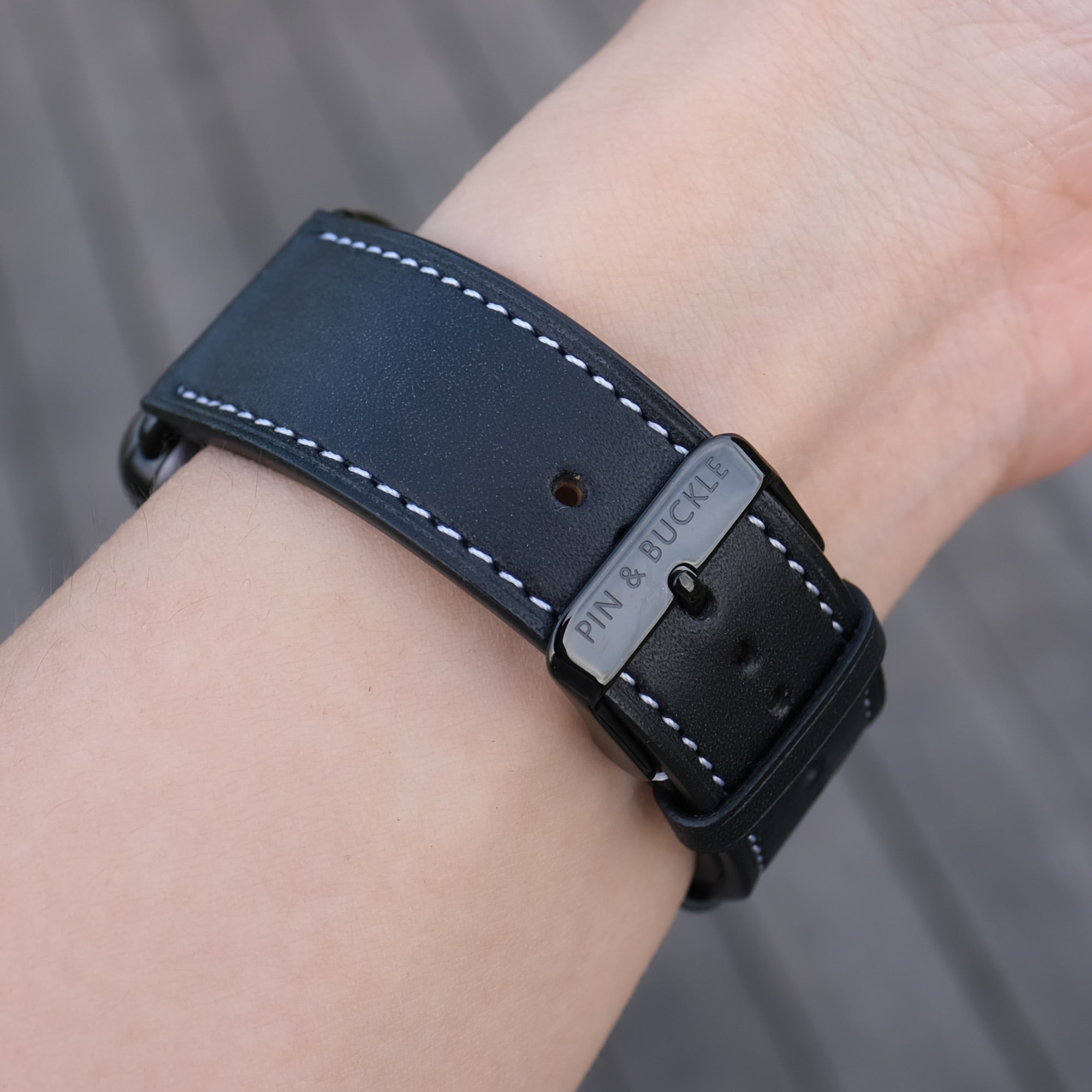 Barenia Leather Apple Watch Bands by Pin & Buckle - Black - Black Stainless Steel Hardware - Black Buckle
