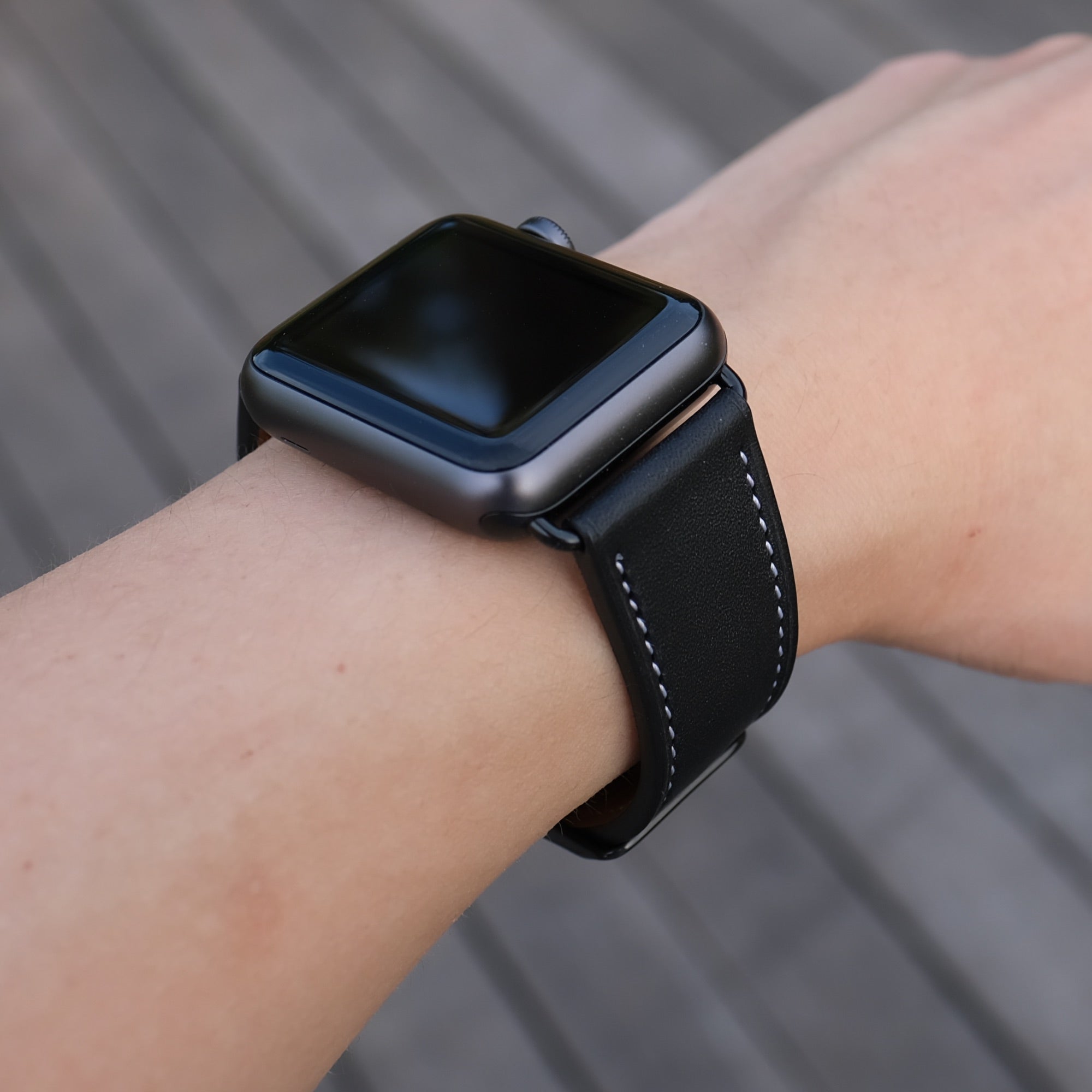 Barenia Leather Apple Watch Bands by Pin & Buckle - Black - Black Stainless Steel Hardware - on Wrist