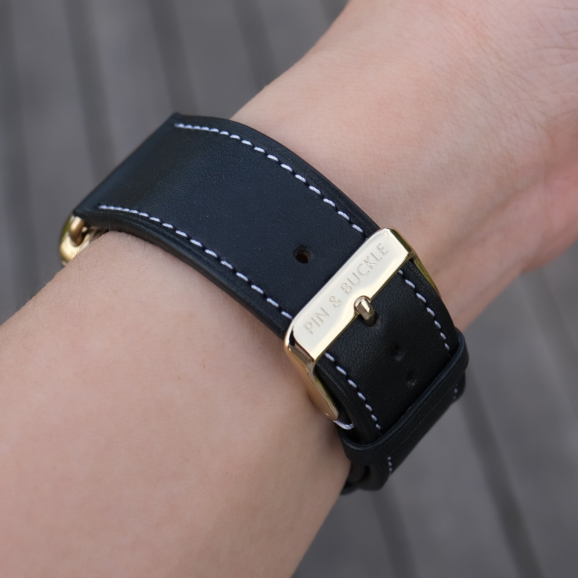 Barenia Leather Apple Watch Bands by Pin & Buckle - Black - Gold Series 6 and 7 Stainless Steel Hardware - Gold Series 6 and 7 Buckle