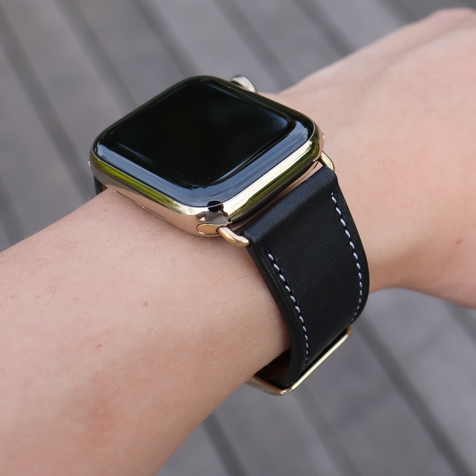 Barenia Leather Apple Watch Bands by Pin & Buckle - Black - Silver Stainless Steel Hardware - on Wrist