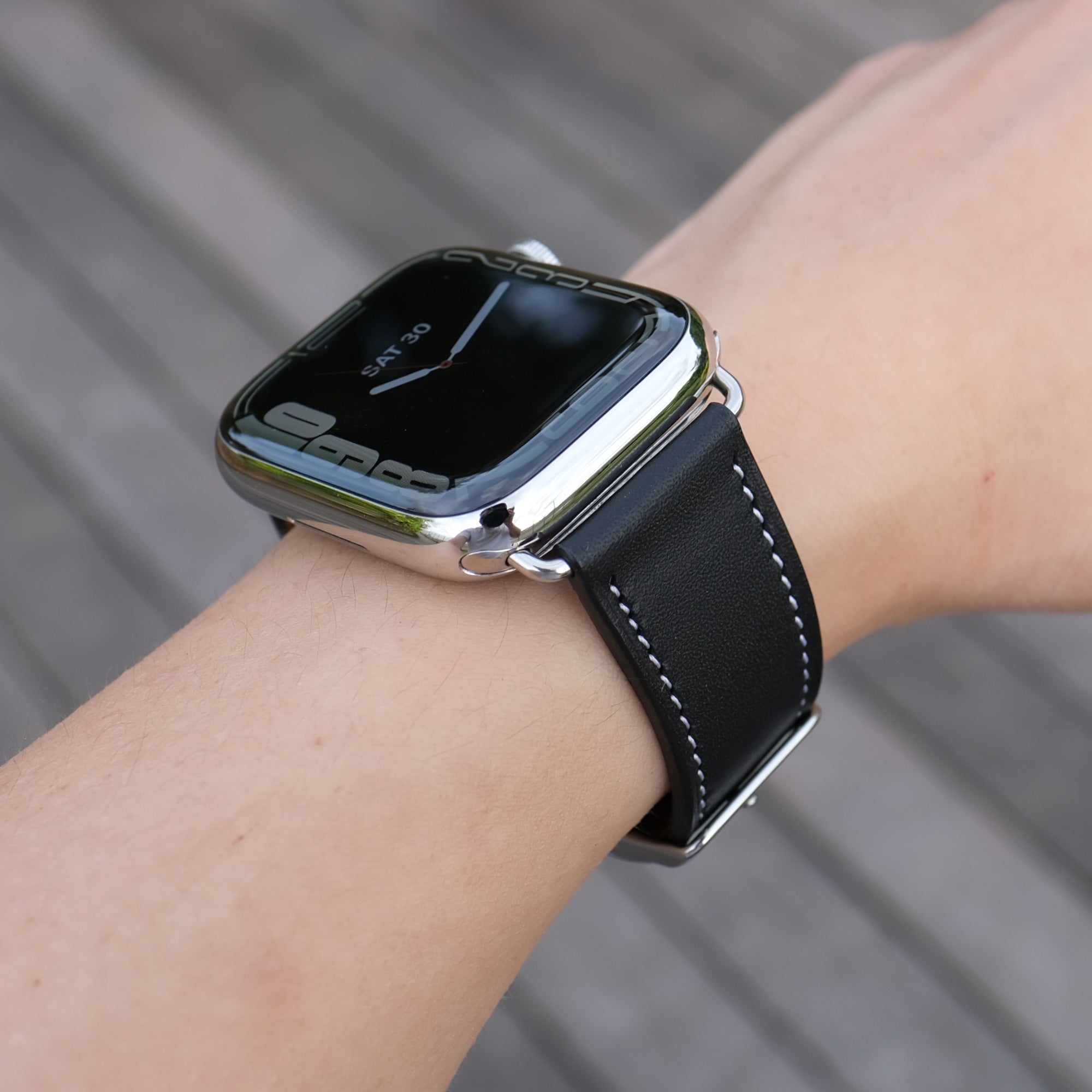 Barenia Leather Apple Watch Bands by Pin & Buckle - Black - Silver Stainless Steel Hardware - on Wrist