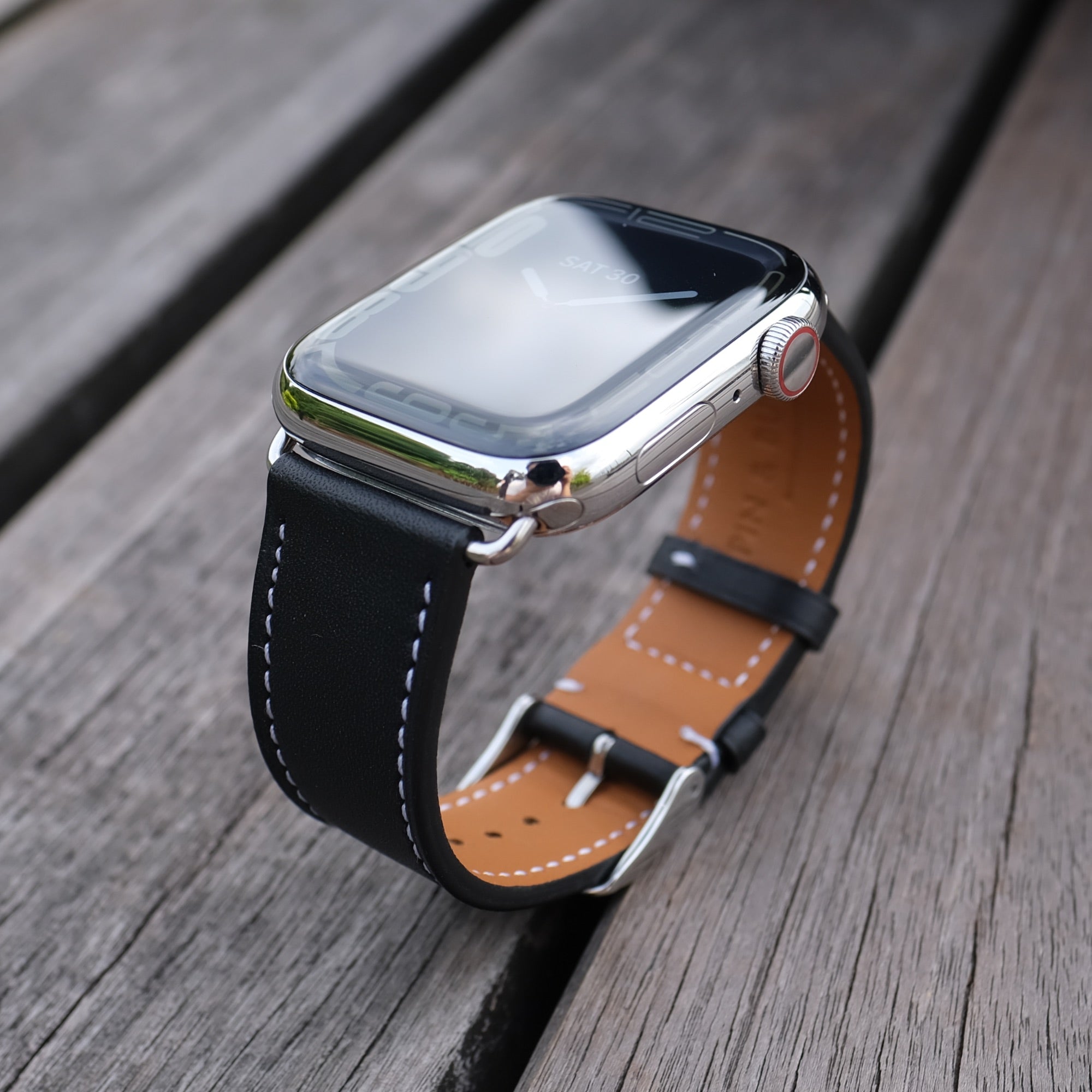 Barenia Leather Apple Watch Bands by Pin & Buckle - Black - Silver Stainless Steel Hardware