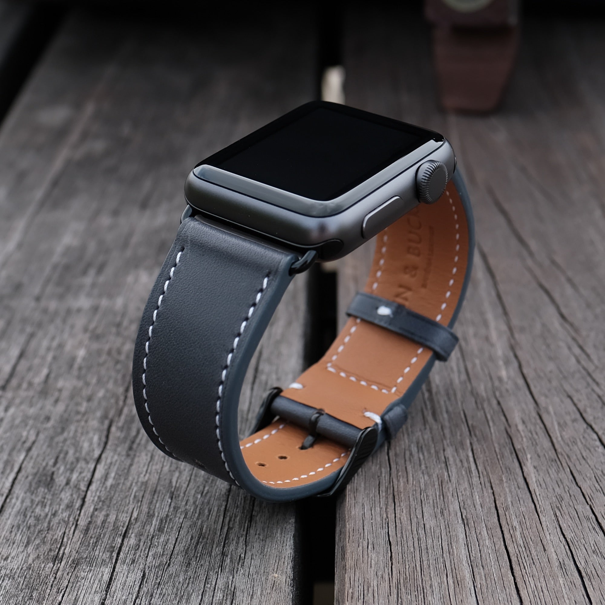 Barenia Leather Apple Watch Bands by Pin & Buckle - Dark Blue - Black Stainless Steel Hardware