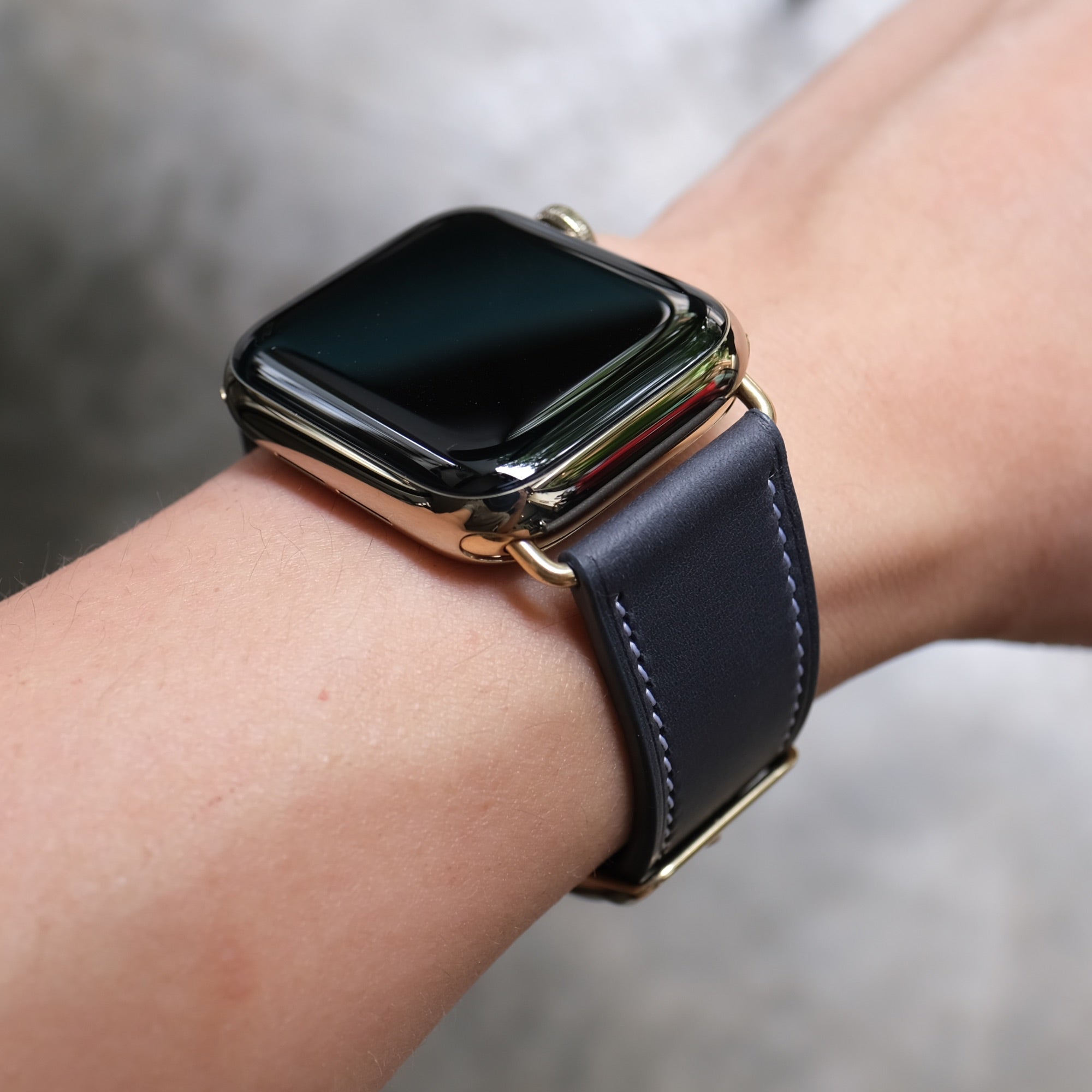 Barenia Leather Apple Watch Bands by Pin & Buckle - Dark Blue - Gold Series 6 and 7 Stainless Steel Hardware - on Wrist
