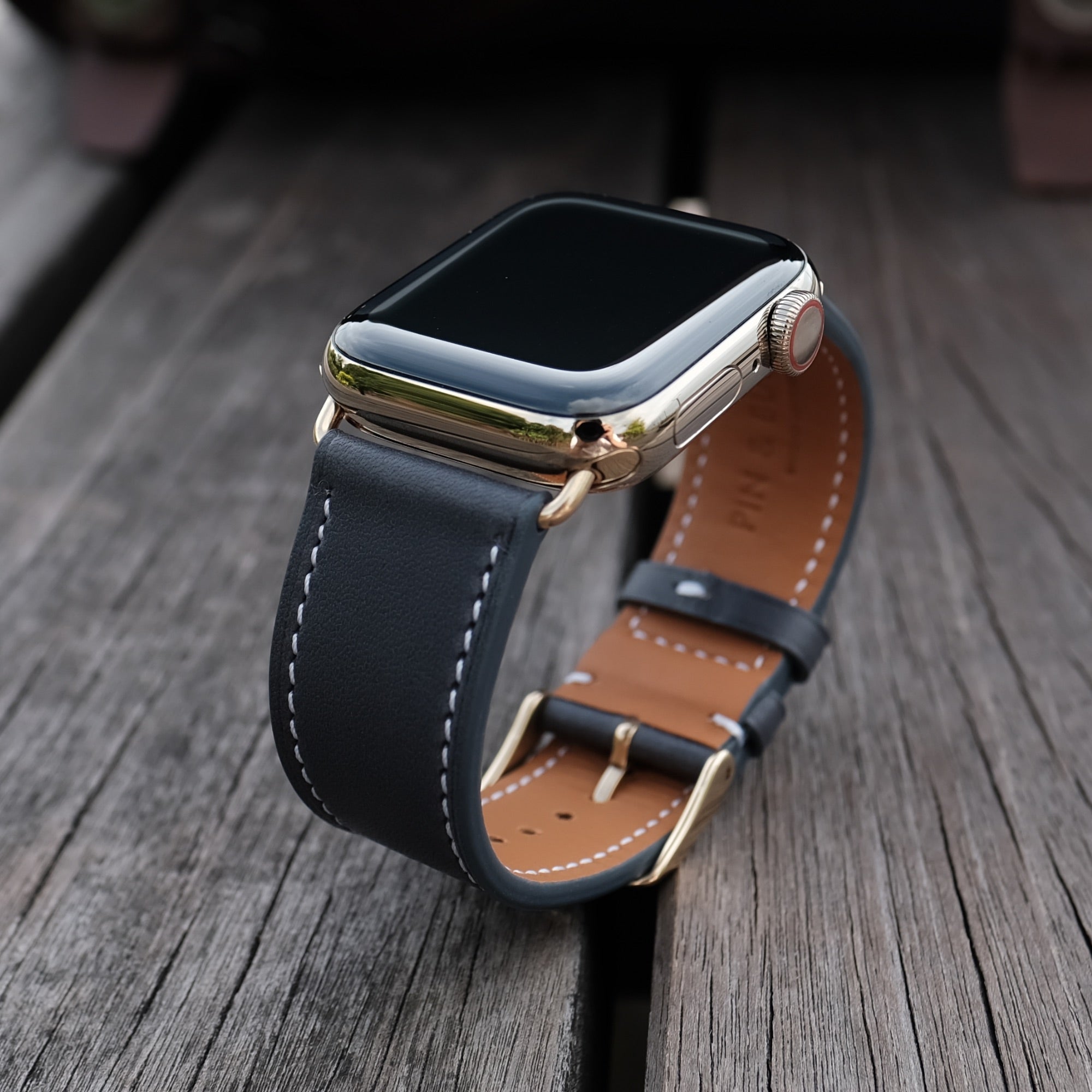 Barenia Leather Apple Watch Bands by Pin & Buckle - Dark Blue - Gold Series 6 and 7 Stainless Steel Hardware
