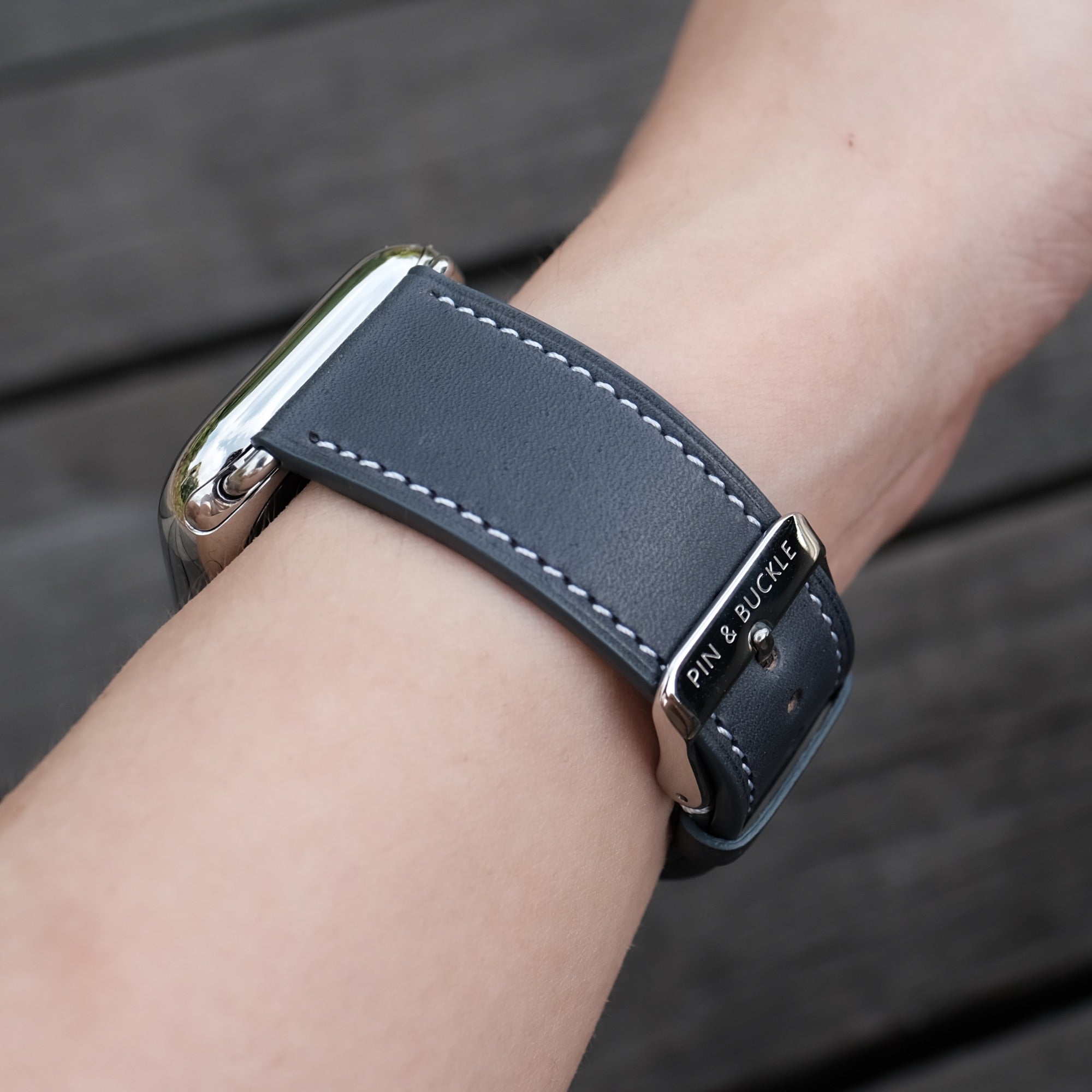 Barenia Leather Apple Watch Bands by Pin & Buckle - Dark Blue - Silver Stainless Steel Hardware - Silver Buckle