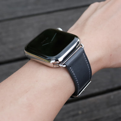 Barenia Leather Apple Watch Bands by Pin & Buckle - Dark Blue - Silver Stainless Steel Hardware - on Wrist