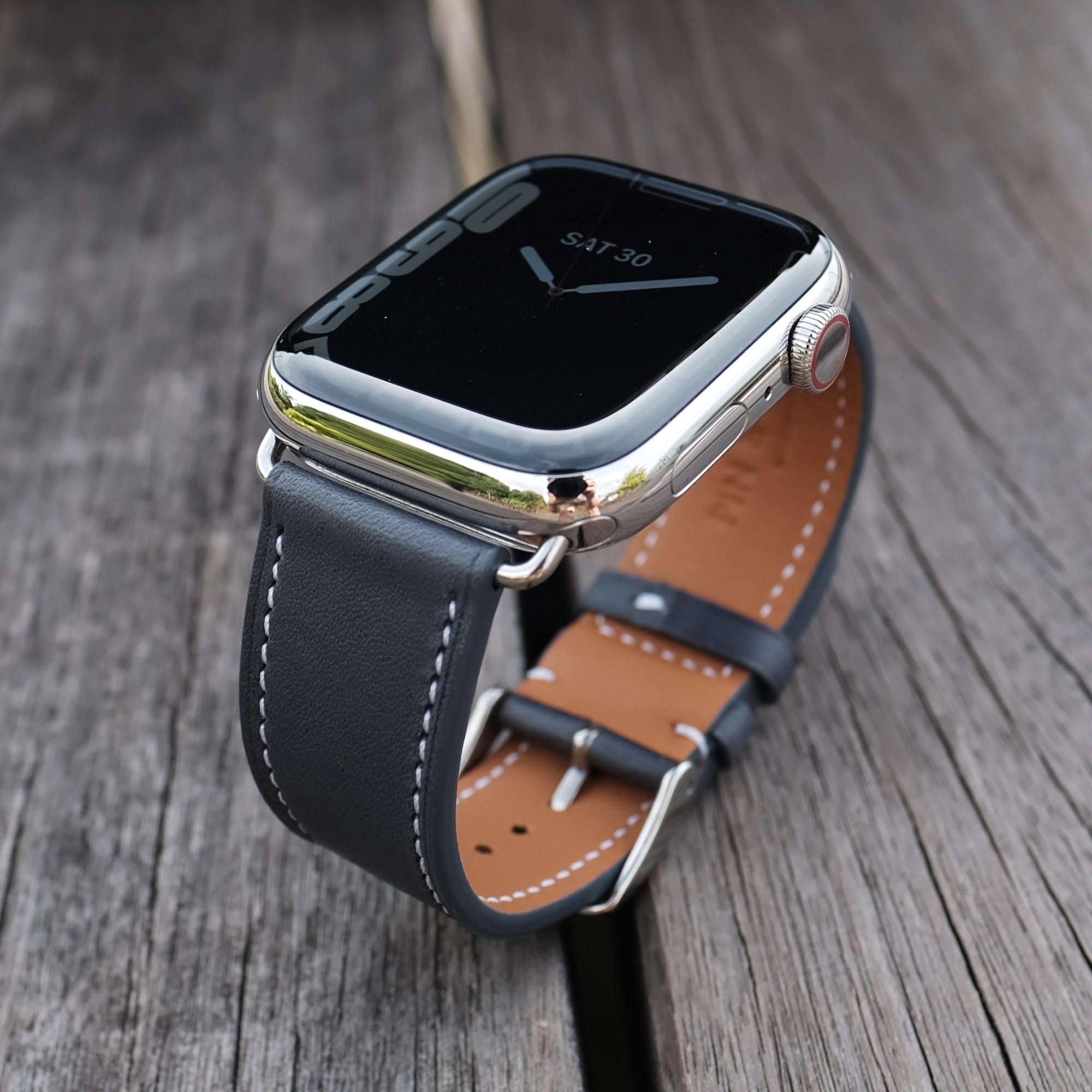 Barenia Leather Apple Watch Bands by Pin & Buckle - Dark Blue - Silver Stainless Steel Hardware