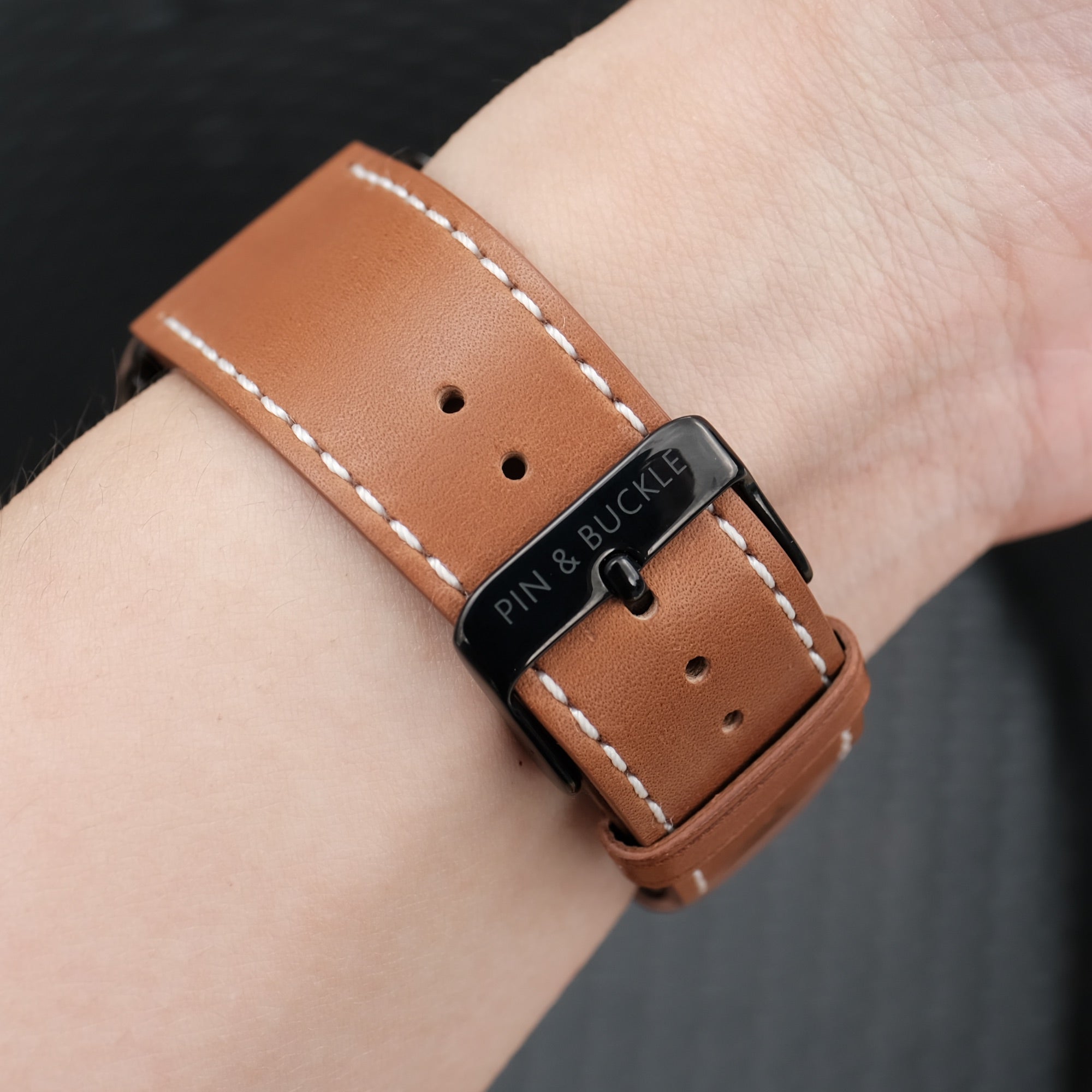 Barenia Leather Apple Watch Bands by Pin & Buckle - Tan - Black Stainless Steel Hardware - Buckle