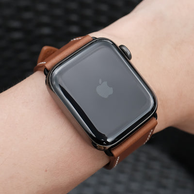 Barenia Leather Apple Watch Bands by Pin & Buckle - Tan - Black Stainless Steel Hardware - on Wrist