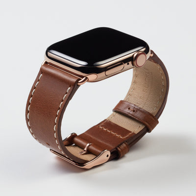 Pin and Buckle Apple Watch Bands - Full Grain Vegetable Tanned Leather - Luxe - Chestnut Brown - Gold
