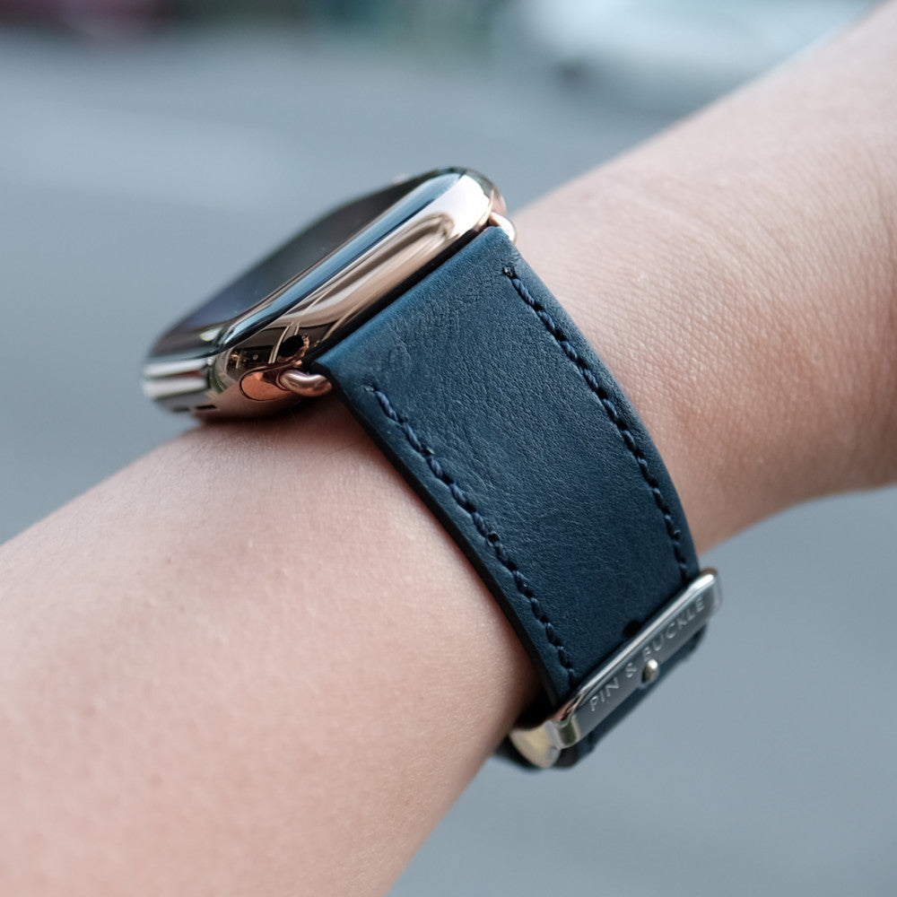 Pin and Buckle Apple Watch Bands - Full Grain Vegetable Tanned Leather - Luxe - Cobalt Blue - On Wrist