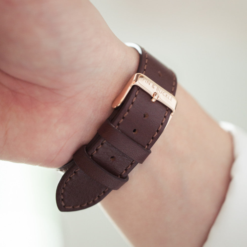 Pin and Buckle Apple Watch Bands - Luxe Full-Grain Vegetable Tanned Leather Apple Watch Bands - Mocha Brown - Gold Stainless Steel Buckle