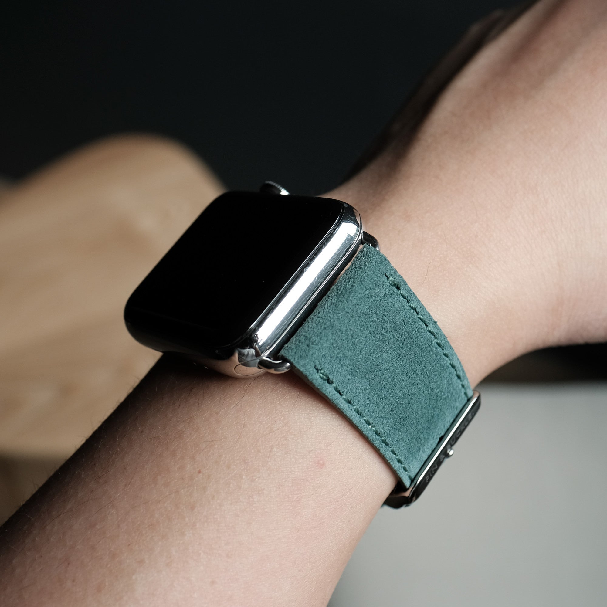 Pin and Buckle Apple Watch Bands - Velour - Suede Leather Apple Watch Band - Pine - on Silver