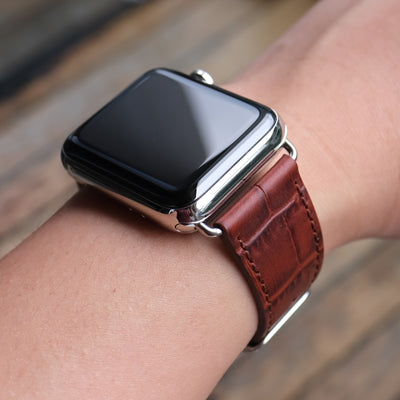 Pin and Buckle - Embossed Full-Grain Leather Apple Watch Bands - Aligator - Mahogany - Silver