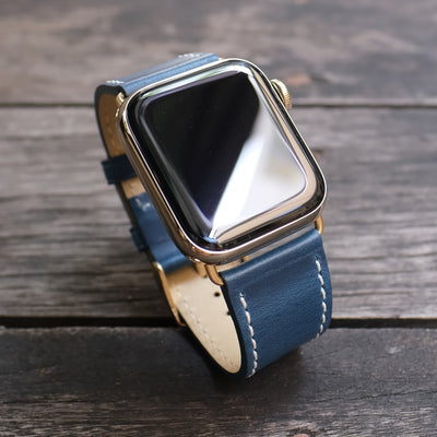Pin and Buckle Apple Watch Bands - Full Grain Vegetable Tanned Leather - Luxe - Ocean Blue - Gold Series 6 and Gold Series 7