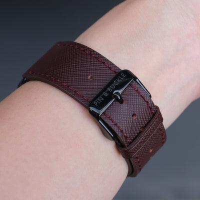 Pin and Buckle Apple Watch Bands - Saffiano - Textured Leather Apple Watch Bands - Bordeaux on Black Stainless Steel - Buckle