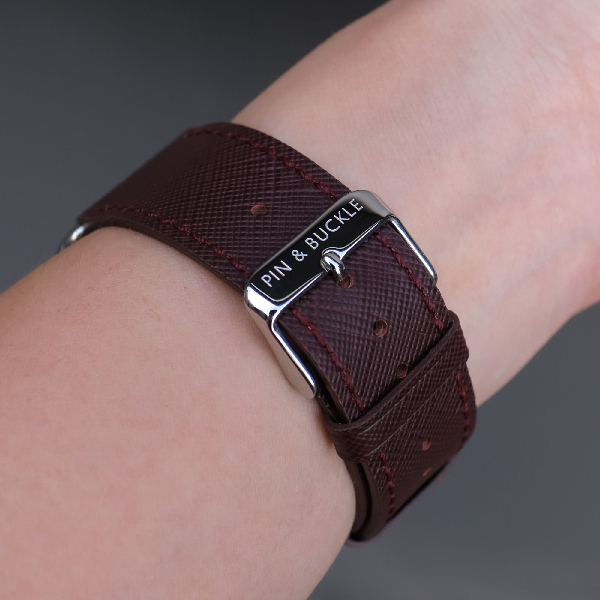 Pin and Buckle Apple Watch Bands - Saffiano - Textured Leather Apple Watch Bands - Bordeaux on Silver Stainless Steel - Buckle