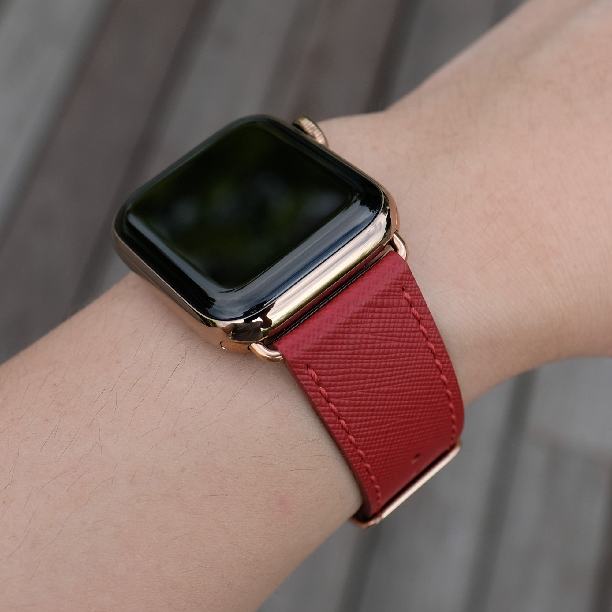 Pin and Buckle Apple Watch Bands - Saffiano - Textured Leather Apple Watch Bands - Crimson Red - Gold