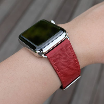 Pin and Buckle Apple Watch Bands - Saffiano - Textured Leather Apple Watch Bands - Crimson Red - Silver