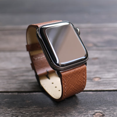 Pin and Buckle Apple Watch Bands - Saffiano - Textured Leather Apple Watch Bands - Hazel Brown on Graphite
